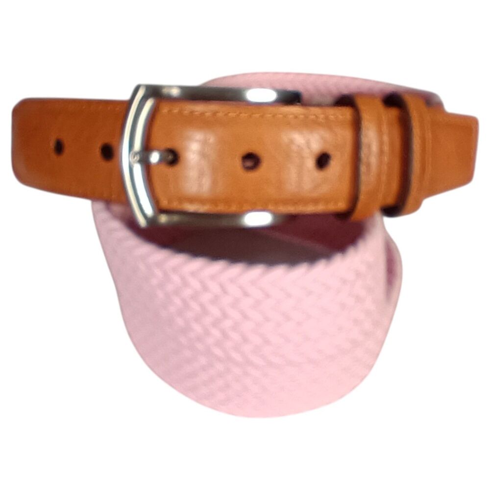 Torino Leather Co. Mens Belt 44 Italian Woven Cotton Elastic Pink Brown Leather